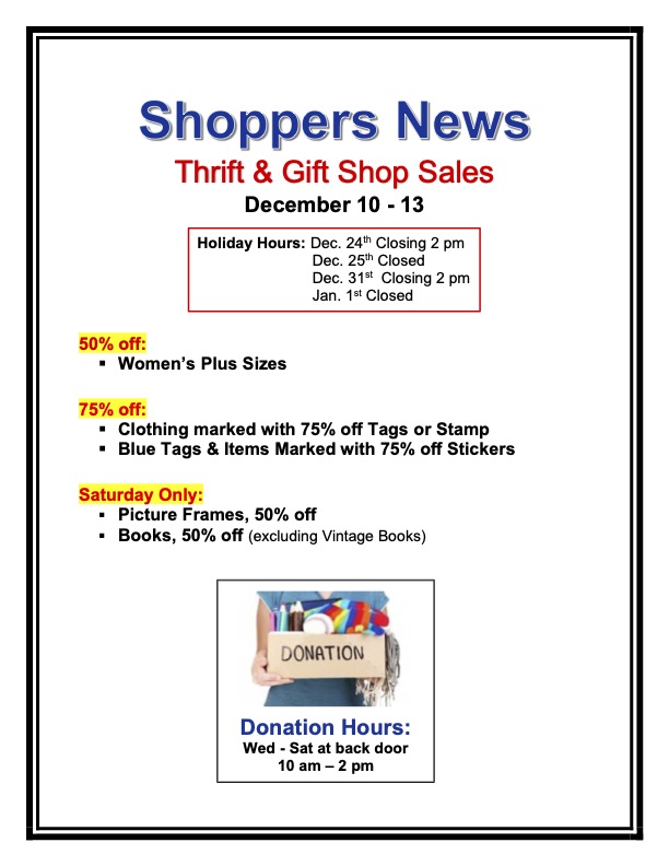 Thrift & Gift Shop Sales, Dec. 10-13